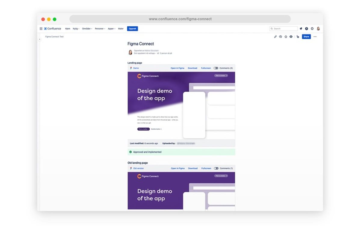 Skjermbilde av appen Figma Connect i Confluence. Brukeren får en forhåndsvisning av designfiler fra Figma.