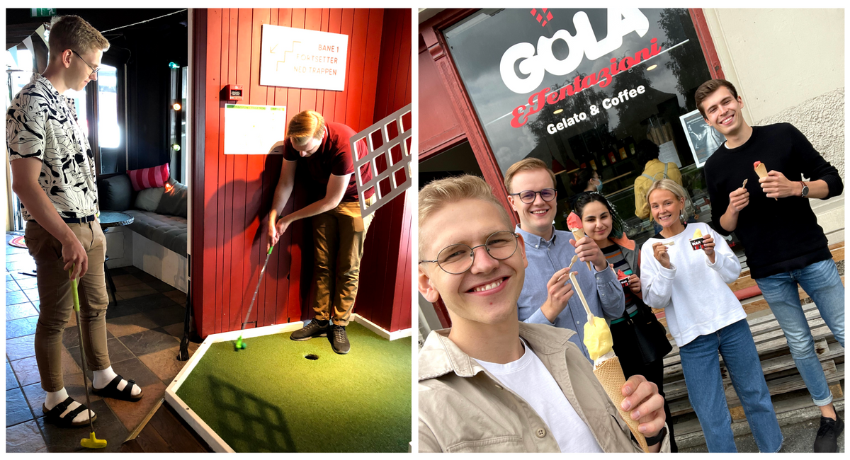 Øyvind og David på minigolf. Og studentene spiser is utenfor Gola isbar