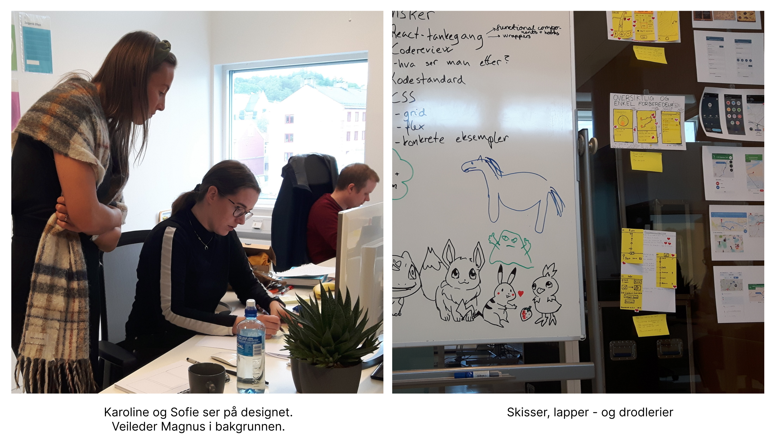 To av studentene ser på designet på et kontor. Bilde av arbeid på lapper og skisser.
