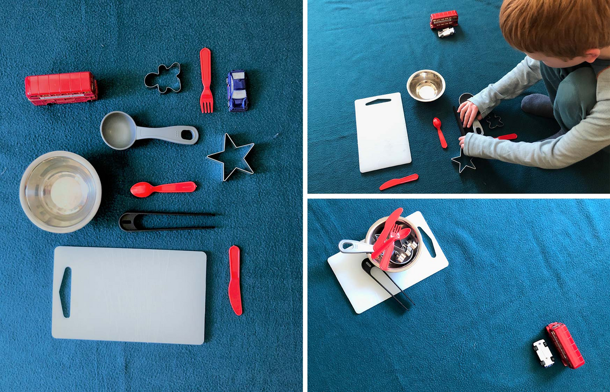 Step-by-step view. Overall image, during the sorting process and finally kitchen items and card readily sorted.