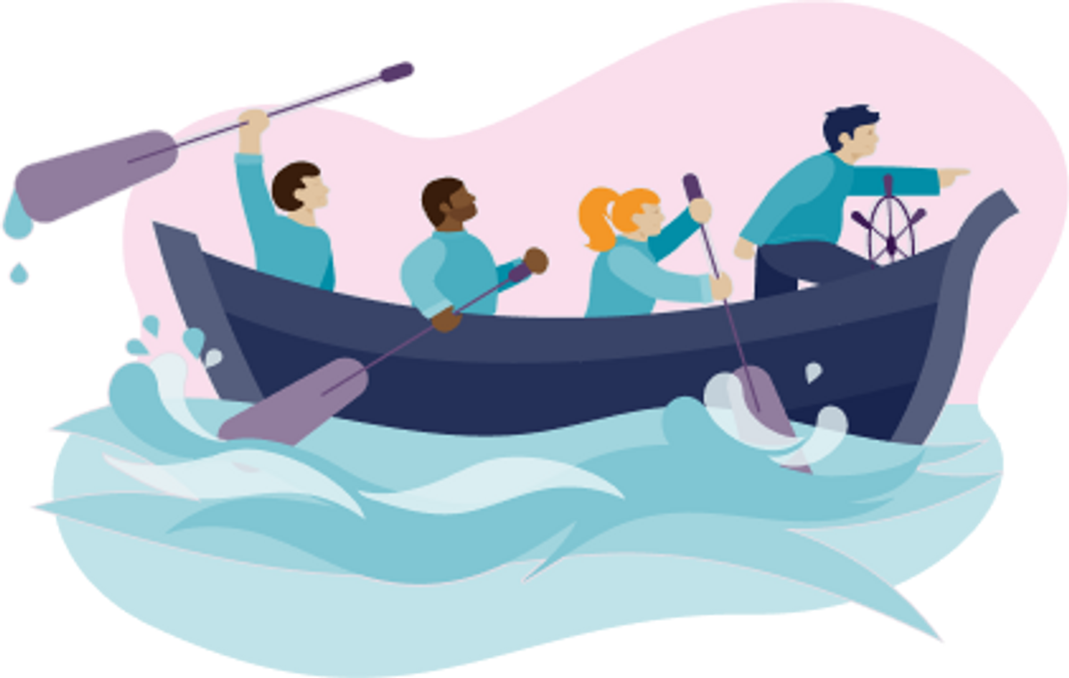 Båt full av folk som samarbeider