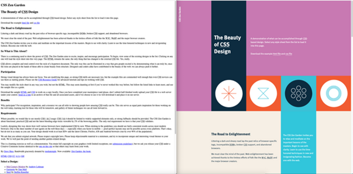 Samme nettside med og uten CSS, hvor med CSS er mer grafisk og lettlest.