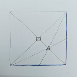 Illustrasjon av pila som utgjør to sider av en firkant med linjer trukket fra hjørnene for å finne senteret i trekanten