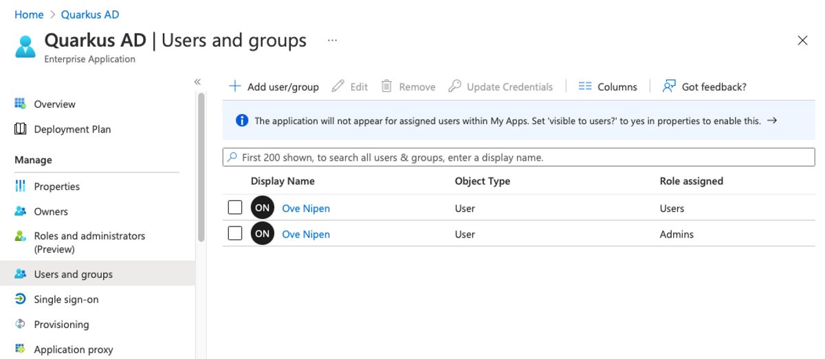 Users and roles screen