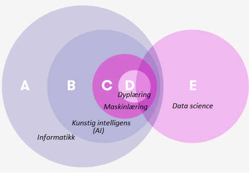 Informatikk, AI, ML og dyplæring er en del av hverandre. Data science står separat, men overlapper med de andre.