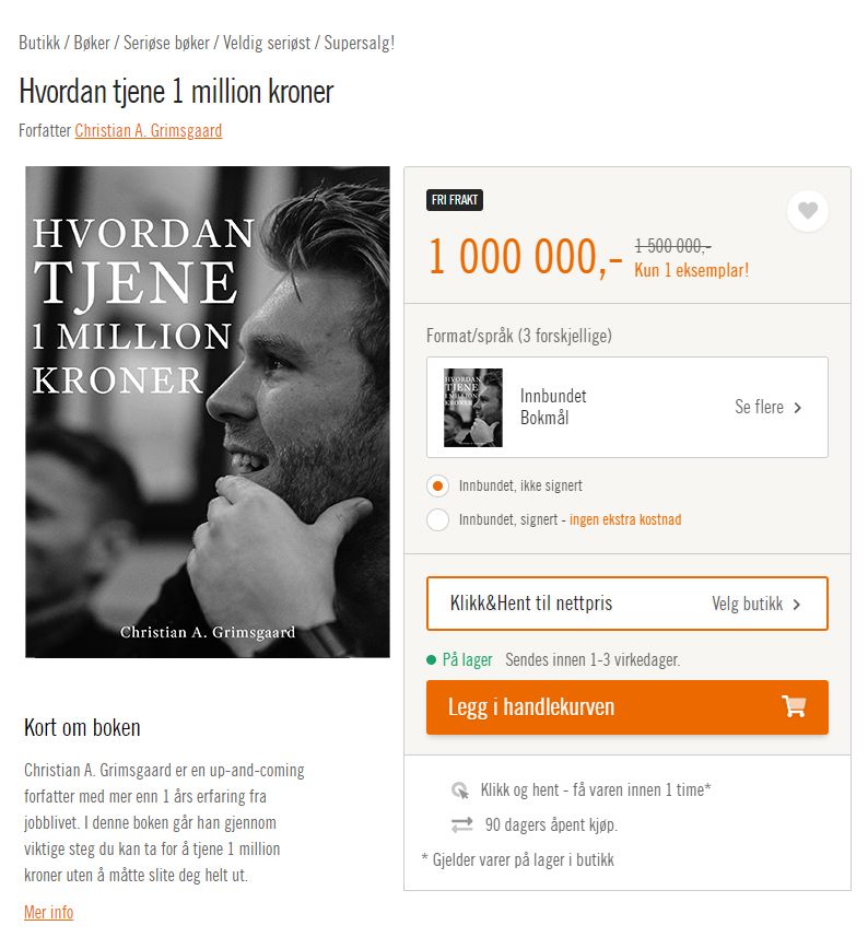 Et skjermbilde fra en bokhandel: "Hvordan tjene 1 million kroner" som koster 1 million kroner, med kun ett eksemplar igjen.