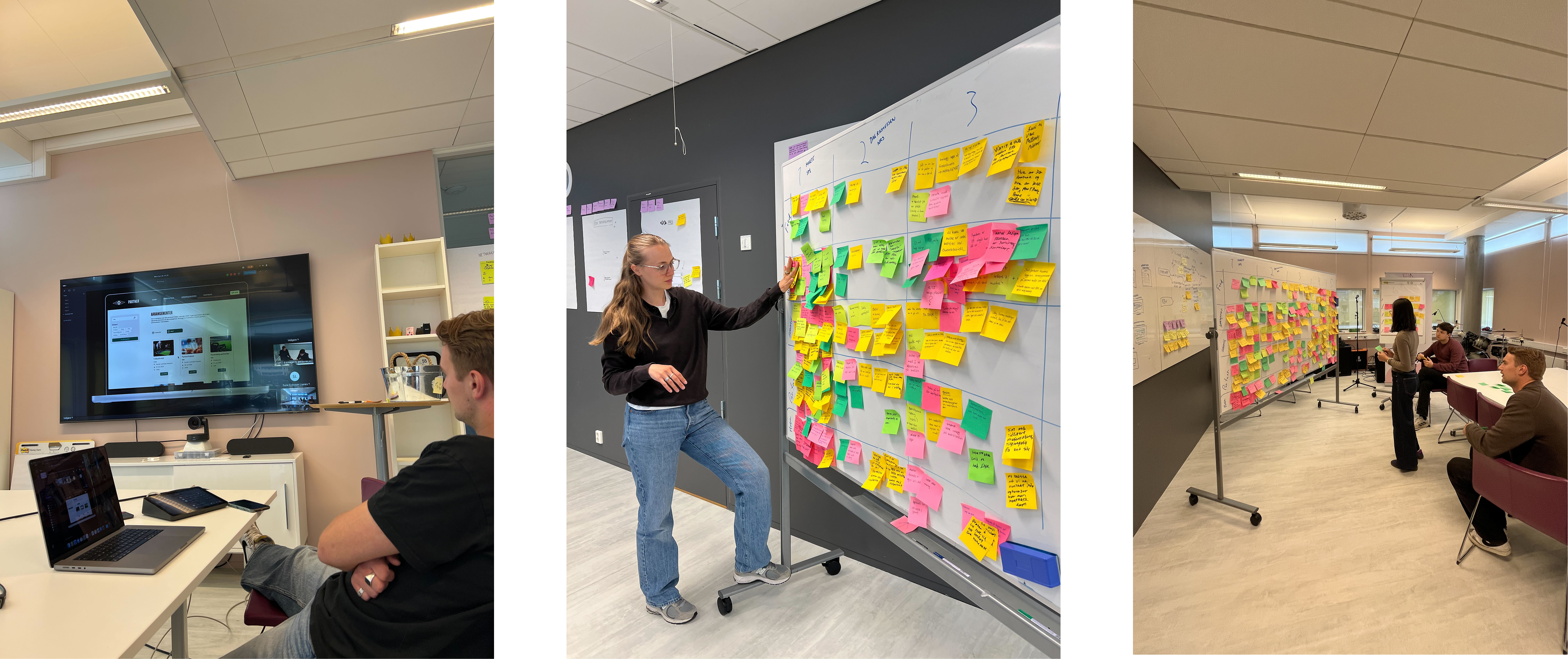 Bildekollasj med tre bilder. (1) Brukertest på storskjerm. (2) Kaisa står ved whiteboard full av post-it-lapper. (3) Sune, Magnus og Amalie ser på whiteboard med post-it-lapper