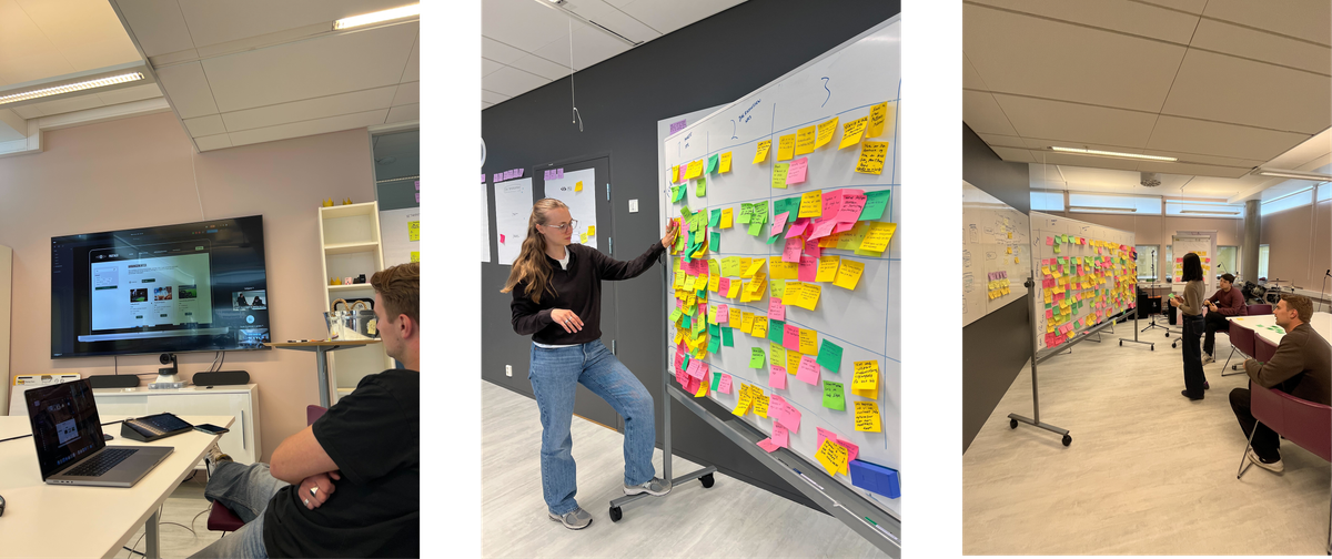 Bildekollasj med tre bilder. (1) Brukertest på storskjerm. (2) Kaisa står ved whiteboard full av post-it-lapper. (3) Sune, Magnus og Amalie ser på whiteboard med post-it-lapper