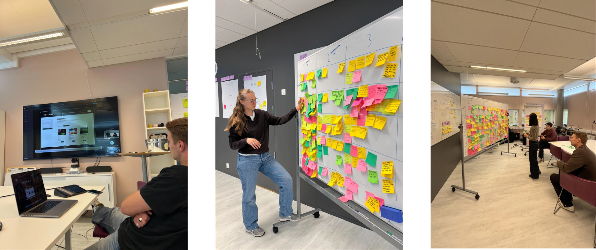 Bildekollasj med tre bilder. (1) Brukertest på storskjerm. (2) Kaisa står ved whiteboard full av post-it-lapper. (3) Sune, Magnus og Amalie ser på whiteboard med post-it-lapper