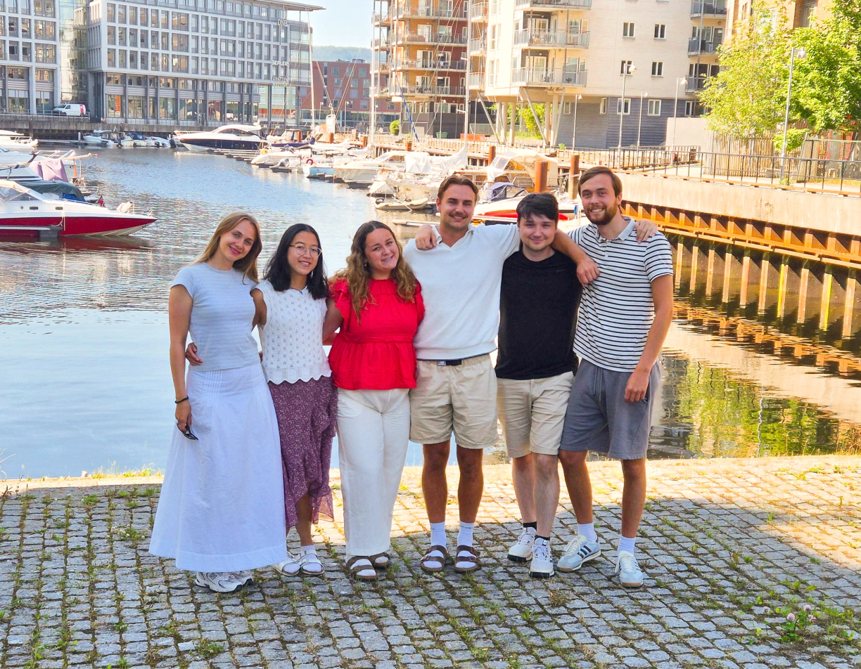 De seks sommerstudentene holder rundt hverandre og smiler.  