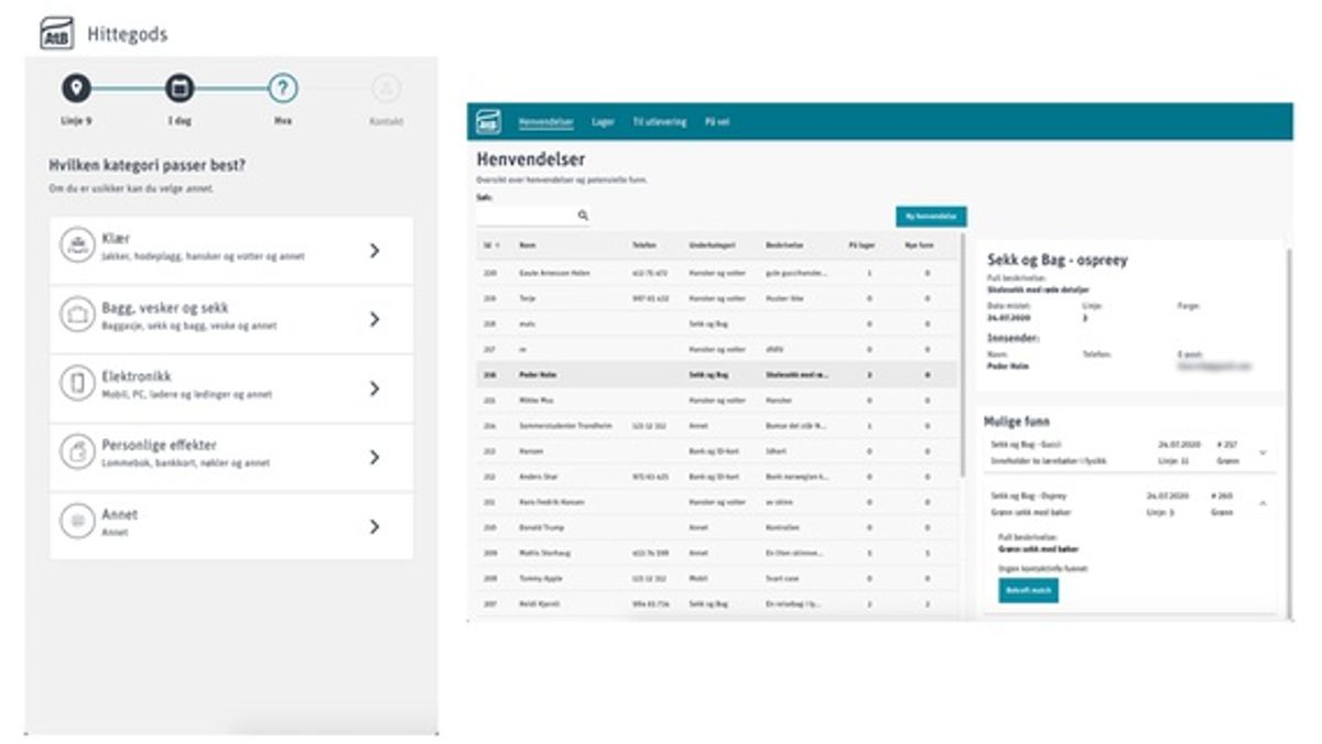 Hittegodskontoret sin nettside med henvendelser fra kunder