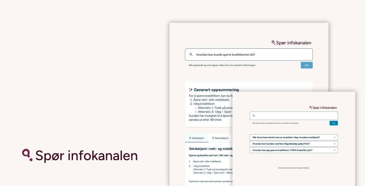Skjermbilde av løsningen som er utviklet med et søkefelt for naturlig språk og svar fra kredittorakelet