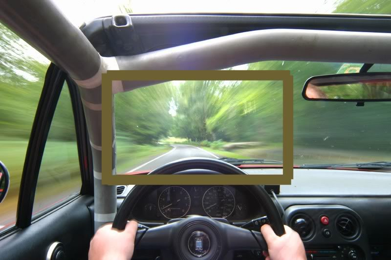 Synsfeltet til en sjåfør i førersetet, med en firkant midt i ruten for å illustrere hvor stor en dataskjerm ville vist.