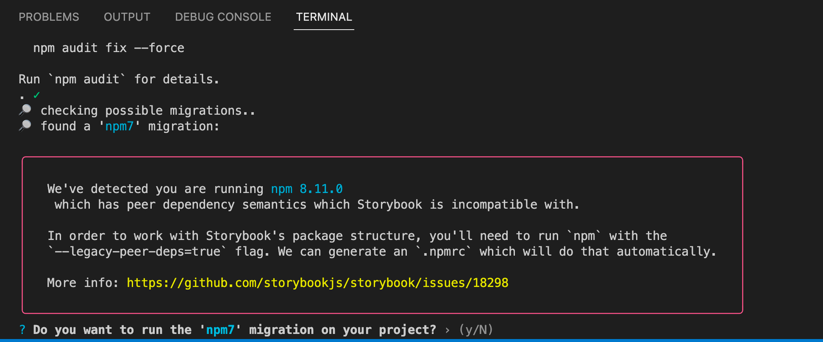 Screenshot where you are prompted if you want to migrate the project to npm7