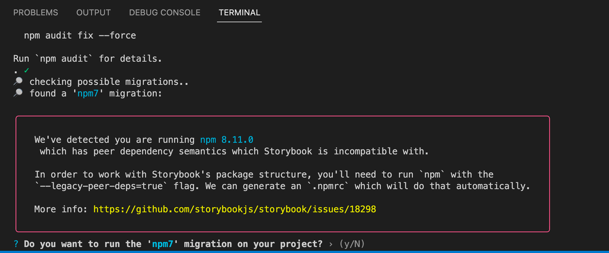 Screenshot where you are prompted if you want to migrate the project to npm7