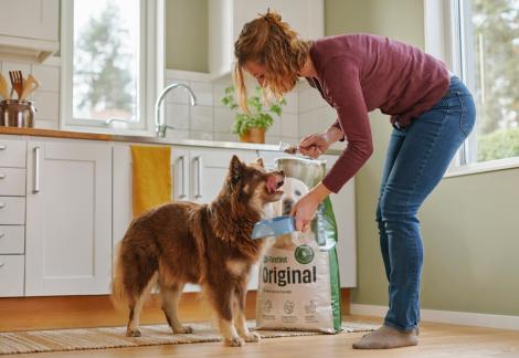 Kvinna i lila tröja matar en ivrig brun och vit hund i ett ljust kök, med en stor påse hundmat i bakgrunden.