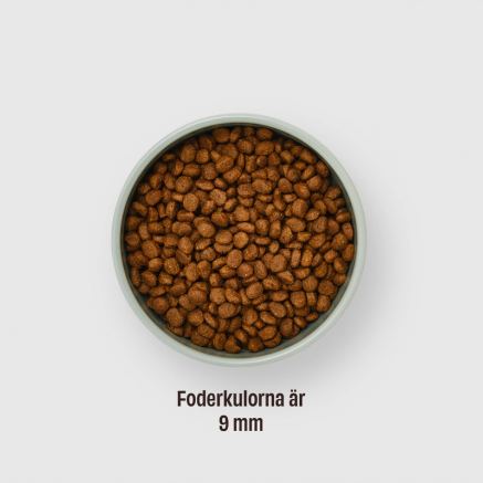 Skål med hundfoderkulor, texten under skålen lyder 'Foderkulorna är 9 mm'