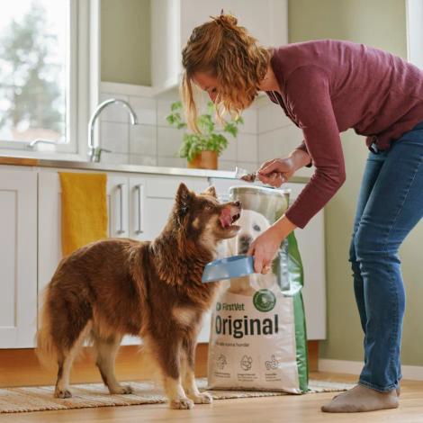 En kvinna fyller en skål med FirstVet Original hundfoder åt en hund i ett kök. Hunden står bredvid och ser på förväntansfullt.