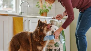 En kvinna fyller en skål med FirstVet Original hundfoder åt en hund i ett kök. Hunden står bredvid och ser på förväntansfullt.