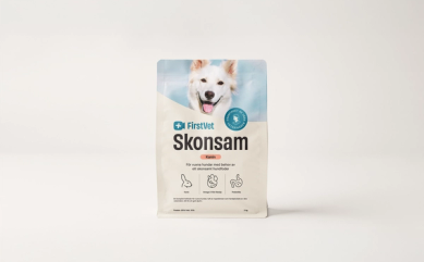 Förpackning med FirstVet Skonsam hundfoder. Bilden visar förpackning med 3 kg.