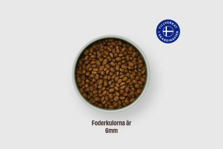 Matskål med kattfoder. Foderkulorna är 6-7 mm stora.