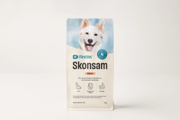 Förpackning med hundmat från märket FirstVet, med bild på en husky på framsidan.