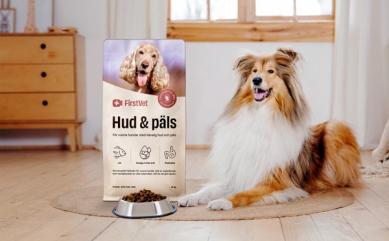 En bild på hundmaten "Hud & Päls" från FirstVet med en colliehund bredvid