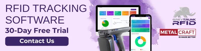 Grey Trunk RFID tracking software shown on desktop and mobile — 30-day free trial.