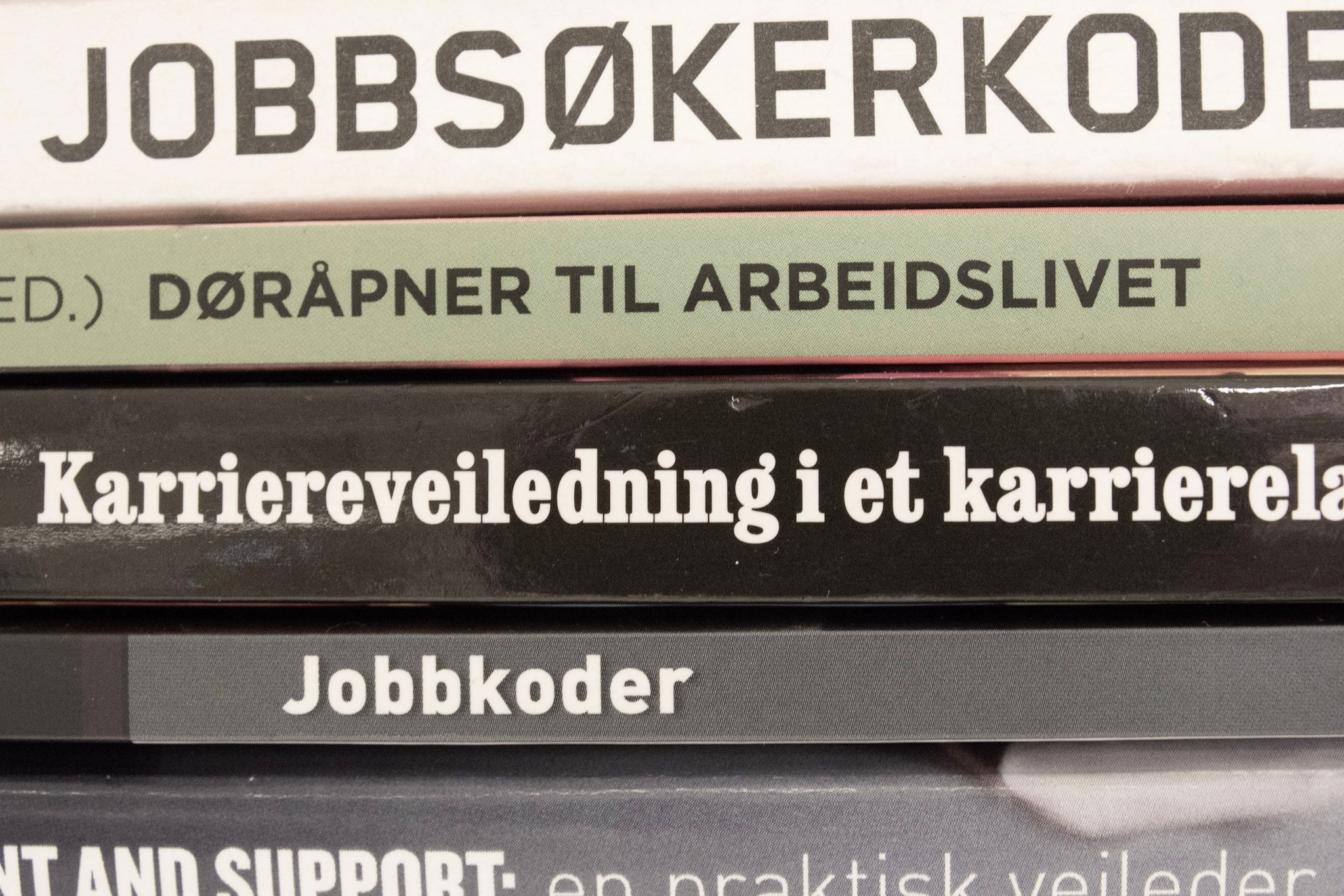 Bøker om jobbsøking og karriereveiledning, blant annet Jobbsøkerkoden og Døråpner til arbeidslivet