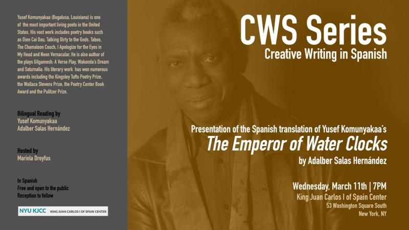 image from **EVENT CANCELLED** CWS Series | Presentation of the Spanish translation of Yusef Komunyakaa's The Emperor of the Water Clocks