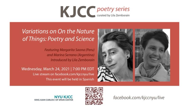 image from Online Event | KJCC Poetry Series curated by Lila Zemborain | Variations on On the Nature of Things: Poetry & Science. Featuring Margarita Saona (Peru) and Marina Serrano (Argentina)
