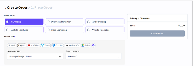 Screenshot from Ollang's platform showing order creation for AI dubbing, with options to upload video files from folders or add URLs (e.g., YouTube, Vimeo).
