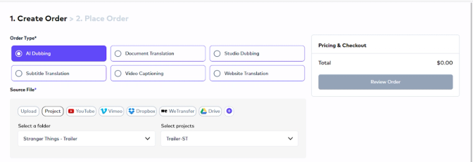 Screenshot from Ollang's platform showing order creation for AI dubbing, with options to upload video files from folders or add URLs (e.g., YouTube, Vimeo). 