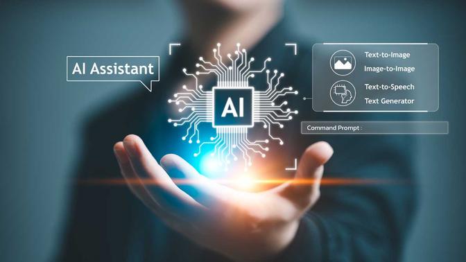 A person holds out their hand, with a digital AI interface floating above it. Labels like 
