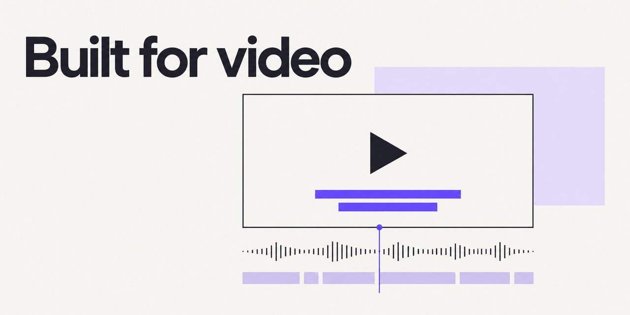 A video frame aligns with subtitle and audio tracks at a shared purple timing marker.