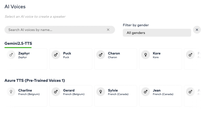 Ollang's platform. AI Voices with a search bar and gender filter set to 