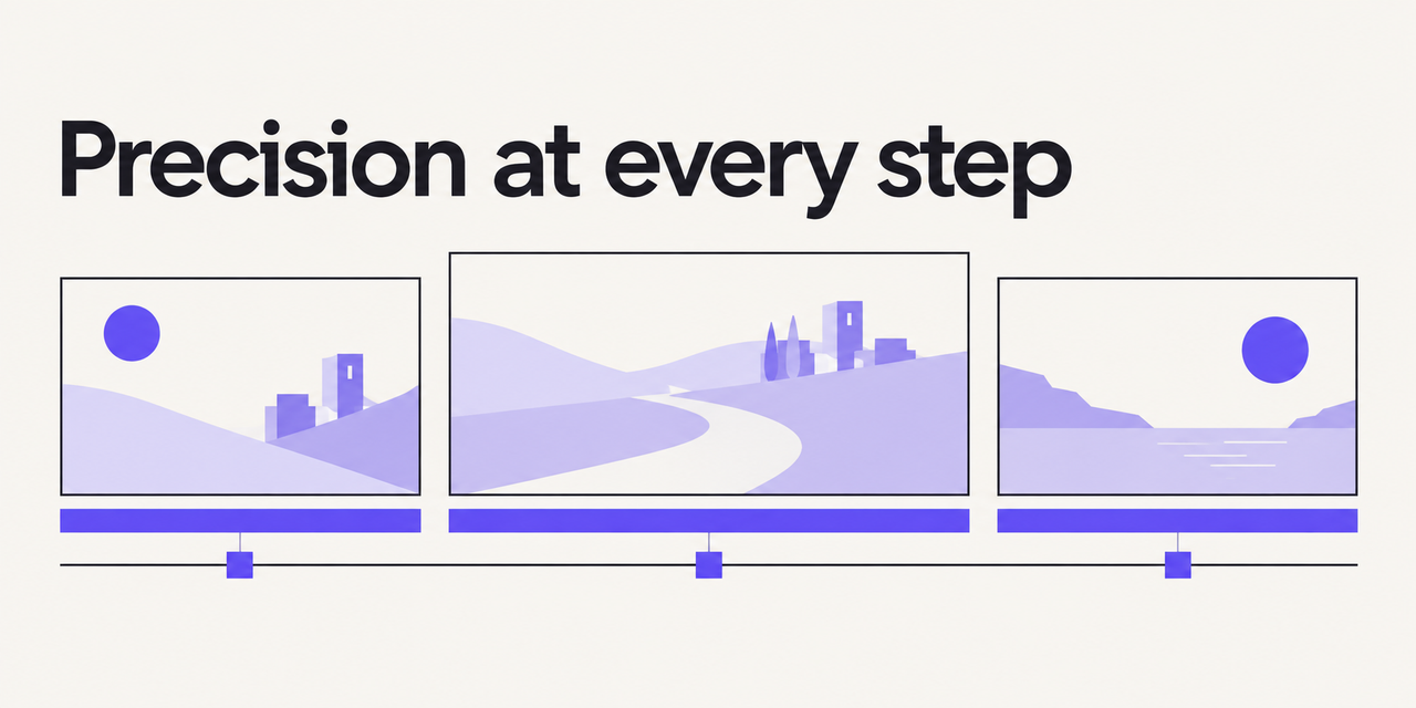 Three video frames share aligned purple subtitle bands, illustrating quality checks throughout video translation.