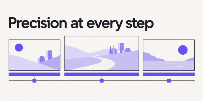 Three video frames share aligned purple subtitle bands, illustrating quality checks throughout video translation.