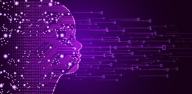Purple background with a human head shaped circuit board. Binary code flows from the head.