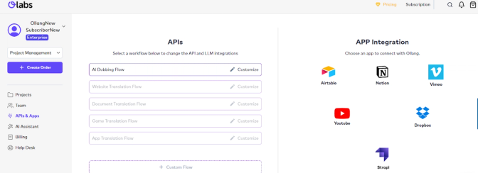 The image shows the OLabs interface, featuring customizable API workflows like AI Dubbing Flow on the left. On the right, there are app integrations including Airtable, Notion, YouTube, and Vimeo.
