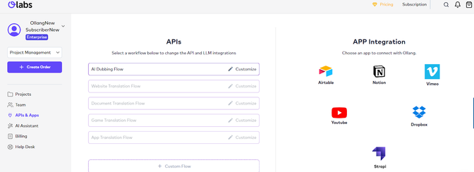 The image shows the OLabs interface, featuring customizable API workflows like AI Dubbing Flow on the left. On the right, there are app integrations including Airtable, Notion, YouTube, and Vimeo. 