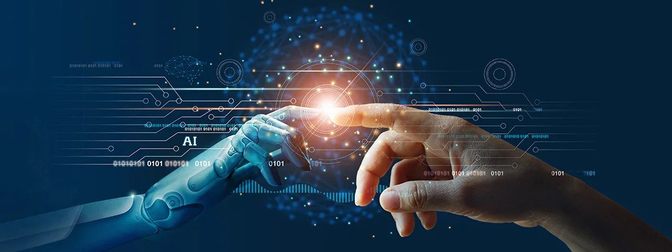 A human hand touching a robotic hand. Text above the robot arm reads “AI” and there is binary code in the background.