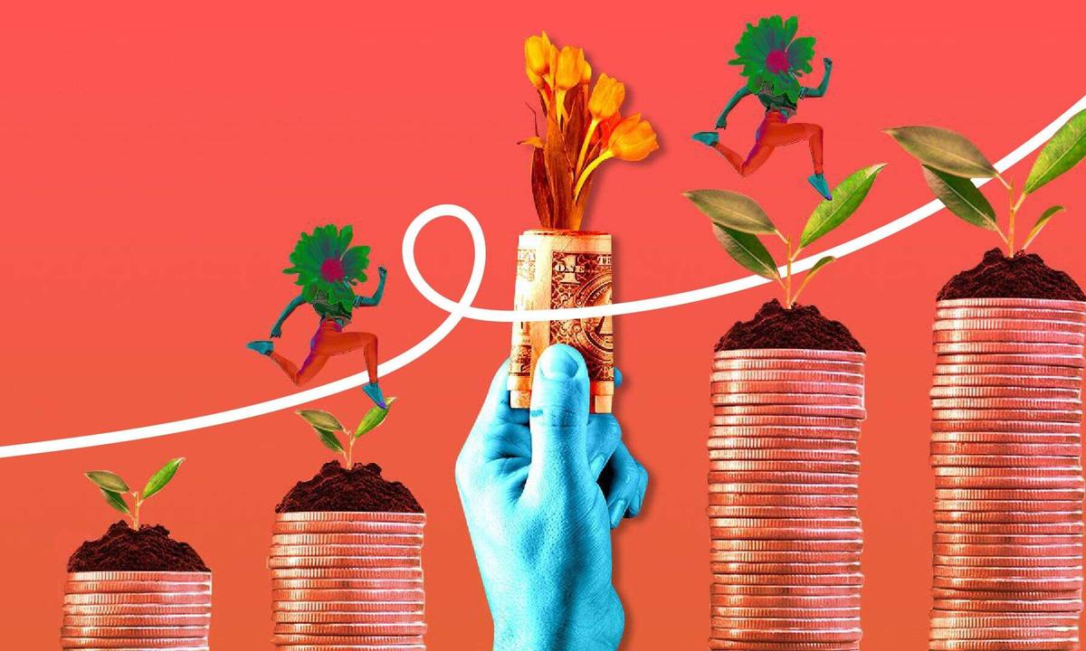 A hand holding a stack of coins with a green sprout growing out of the top. This symbolizes that money can grow and be invested.