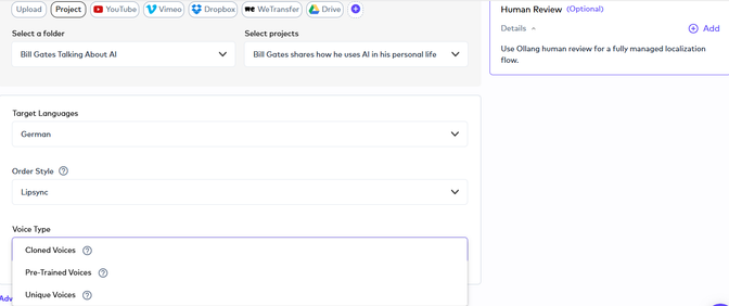 OLabs' AI dubbing creation page. Showing different synthetic voice options including pretrained voices, cloned voices and unique AI voices.