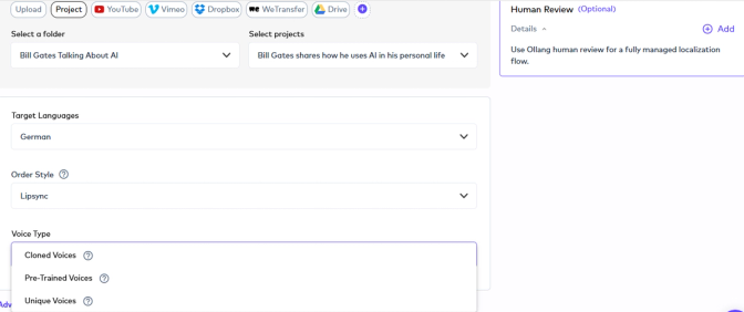 OLabs' AI dubbing creation page. Showing different synthetic voice options including pretrained voices, cloned voices and unique AI voices. 