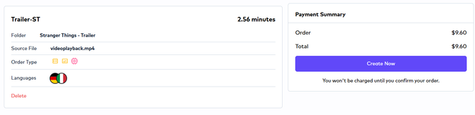 Screenshot from Ollang's platform showing an AI dubbing order summary for a 'Trailer-ST' video file from 'Stranger Things - Trailer' folder, with 2.56-minute duration and German & Italian languages, including 'Create Now' option.