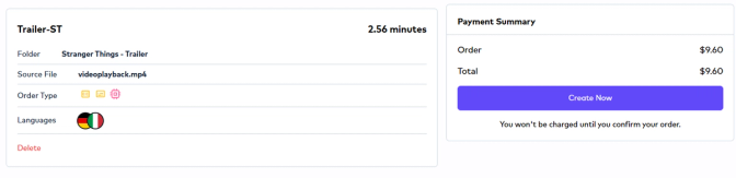 Screenshot from Ollang's platform showing an AI dubbing  order summary for a 'Trailer-ST' video file from 'Stranger Things - Trailer' folder, with 2.56-minute duration and German & Italian languages, including 'Create Now' option.