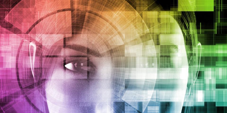 Abstract digital art of a human face overlaid with colorful geometric patterns, representing a blend of technology and humanity.