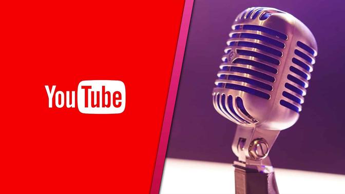 Microphone on a table next to a YouTube logo on a red background.