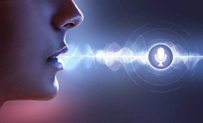 Profile of a person speaking, with a digital wave emanating from the mouth towards a microphone icon. concept of voice recognition or digital assistance technology.